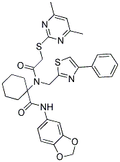 N-(BENZO[D][1,3]DIOXOL-5-YL)-1-(2-(4,6-DIMETHYLPYRIMIDIN-2-YLTHIO)-N-((4-PHENYLTHIAZOL-2-YL)METHYL)ACETAMIDO)CYCLOHEXANECARBOXAMIDE Struktur