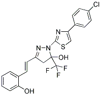 1-[4-(4-CHLOROPHENYL)-1,3-THIAZOL-2-YL]-3-[(E)-2-(2-HYDROXYPHENYL)VINYL]-5-(TRIFLUOROMETHYL)-4,5-DIHYDRO-1H-PYRAZOL-5-OL Struktur