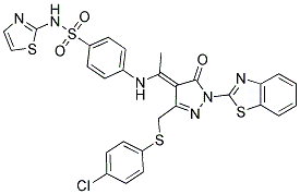 (E)-4-(1-(1-(BENZO[D]THIAZOL-2-YL)-3-((4-CHLOROPHENYLTHIO)METHYL)-5-OXO-1H-PYRAZOL-4(5H)-YLIDENE)ETHYLAMINO)-N-(THIAZOL-2-YL)BENZENESULFONAMIDE Struktur