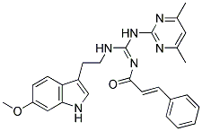 (E)-N-((4,6-DIMETHYLPYRIMIDIN-2-YLAMINO)(2-(6-METHOXY-1H-INDOL-3-YL)ETHYLAMINO)METHYLENE)CINNAMAMIDE