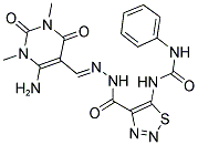 N-[4-({(2E)-2-[(6-AMINO-1,3-DIMETHYL-2,4-DIOXO-1,2,3,4-TETRAHYDROPYRIMIDIN-5-YL)METHYLENE]HYDRAZINO}CARBONYL)-1,2,3-THIADIAZOL-5-YL]-N'-PHENYLUREA Struktur