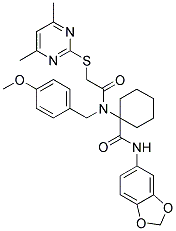 N-(BENZO[D][1,3]DIOXOL-5-YL)-1-(2-(4,6-DIMETHYLPYRIMIDIN-2-YLTHIO)-N-(4-METHOXYBENZYL)ACETAMIDO)CYCLOHEXANECARBOXAMIDE Struktur