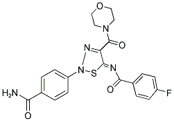 N-[(5Z)-2-[4-(AMINOCARBONYL)PHENYL]-4-(MORPHOLIN-4-YLCARBONYL)-1,2,3-THIADIAZOL-5(2H)-YLIDENE]-4-FLUOROBENZAMIDE Struktur