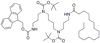 N2,N3-BIS-(TERT-BUTYLOXYCARBONYL)-N1-(9-FLUORENYLMETHYLOXYCARBONYL)-N4-PALMITOYL-1,5,10,14-TETRA-AZA-QUATRODECANE Struktur