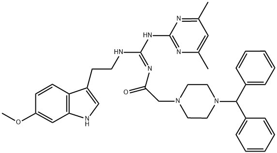 (E)-2-(4-BENZHYDRYLPIPERAZIN-1-YL)-N-((4,6-DIMETHYLPYRIMIDIN-2-YLAMINO)(2-(6-METHOXY-1H-INDOL-3-YL)ETHYLAMINO)METHYLENE)ACETAMIDE Struktur