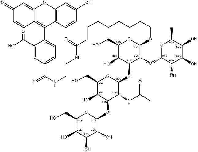 BETA-D-GAL(1-3)-BETA-D-GALNAC(1-3)-[ALPHA-L-FUC(1-2)]-BETA-D-GAL-1-(5-CARBXYFLUORESCEIN) Struktur