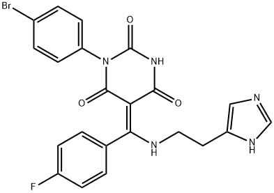 (5E)-1-(4-BROMOPHENYL)-5-((4-FLUOROPHENYL){[2-(1H-IMIDAZOL-5-YL)ETHYL]AMINO}METHYLENE)PYRIMIDINE-2,4,6(1H,3H,5H)-TRIONE Struktur