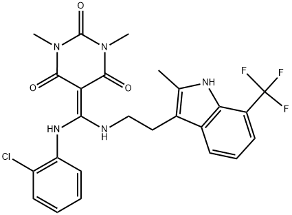 5-((2-CHLOROPHENYLAMINO)(2-(2-METHYL-7-(TRIFLUOROMETHYL)-1H-INDOL-3-YL)ETHYLAMINO)METHYLENE)-1,3-DIMETHYLPYRIMIDINE-2,4,6(1H,3H,5H)-TRIONE Struktur