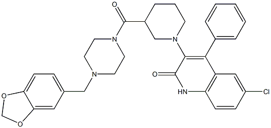 3-(3-(4-(BENZO[D][1,3]DIOXOL-5-YLMETHYL)PIPERAZINE-1-CARBONYL)PIPERIDIN-1-YL)-6-CHLORO-4-PHENYLQUINOLIN-2(1H)-ONE Struktur