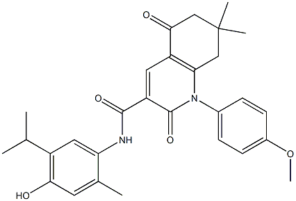 N-(4-HYDROXY-5-ISOPROPYL-2-METHYLPHENYL)-1-(4-METHOXYPHENYL)-7,7-DIMETHYL-2,5-DIOXO-1,2,5,6,7,8-HEXAHYDRO-3-QUINOLINECARBOXAMIDE Struktur