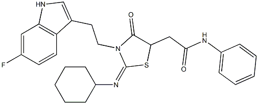 2-{2-(CYCLOHEXYLIMINO)-3-[2-(6-FLUORO-1H-INDOL-3-YL)ETHYL]-4-OXO-1,3-THIAZOLIDIN-5-YL}-N-PHENYLACETAMIDE Struktur