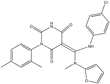 (Z)-5-((4-CHLOROPHENYLAMINO)(FURAN-2-YLMETHYLAMINO)METHYLENE)-1-(2,4-DIMETHYLPHENYL)PYRIMIDINE-2,4,6(1H,3H,5H)-TRIONE Struktur