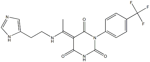 (5E)-5-(1-{[2-(1H-IMIDAZOL-5-YL)ETHYL]AMINO}ETHYLIDENE)-1-[4-(TRIFLUOROMETHYL)PHENYL]PYRIMIDINE-2,4,6(1H,3H,5H)-TRIONE Struktur