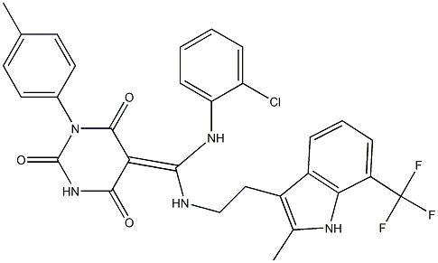 (Z)-5-((2-CHLOROPHENYLAMINO)(2-(2-METHYL-7-(TRIFLUOROMETHYL)-1H-INDOL-3-YL)ETHYLAMINO)METHYLENE)-1-P-TOLYLPYRIMIDINE-2,4,6(1H,3H,5H)-TRIONE Struktur