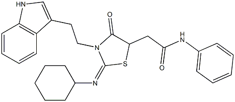 2-{2-(CYCLOHEXYLIMINO)-3-[2-(1H-INDOL-3-YL)ETHYL]-4-OXO-1,3-THIAZOLIDIN-5-YL}-N-PHENYLACETAMIDE Struktur