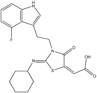 2-[3-[2-(4-FLUORO-1H-INDOL-3-YL)ETHYL]-2-(CYCLOHEXYLIMINO)-4-OXO-1,3-THIAZOLIDIN-5-YLIDENE]ACETIC ACID Struktur