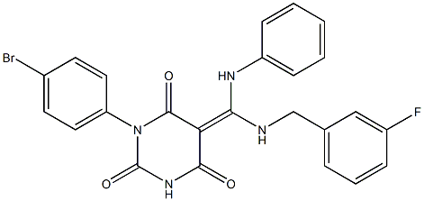 (Z)-1-(4-BROMOPHENYL)-5-((3-FLUOROBENZYLAMINO)(PHENYLAMINO)METHYLENE)PYRIMIDINE-2,4,6(1H,3H,5H)-TRIONE Struktur