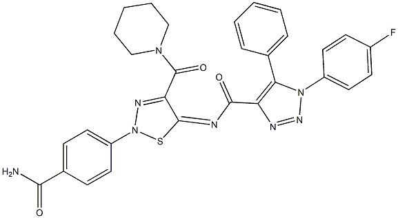 (Z)-N-(2-(4-CARBAMOYLPHENYL)-4-(PIPERIDINE-1-CARBONYL)-1,2,3-THIADIAZOL-5(2H)-YLIDENE)-1-(4-FLUOROPHENYL)-5-PHENYL-1H-1,2,3-TRIAZOLE-4-CARBOXAMIDE Struktur