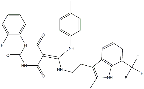 (Z)-5-((P-TOLUIDINO)(2-(2-METHYL-7-(TRIFLUOROMETHYL)-1H-INDOL-3-YL)ETHYLAMINO)METHYLENE)-1-(2-FLUOROPHENYL)PYRIMIDINE-2,4,6(1H,3H,5H)-TRIONE Struktur