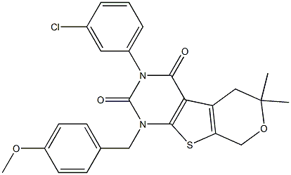 3-(3-CHLOROPHENYL)-1-(4-METHOXYBENZYL)-6,6-DIMETHYL-1,5,6,8-TETRAHYDRO-2H-PYRANO[4',3':4,5]THIENO[2,3-D]PYRIMIDINE-2,4(3H)-DIONE Struktur