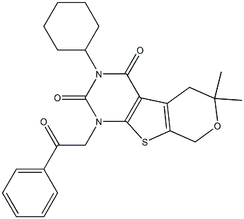 3-CYCLOHEXYL-6,6-DIMETHYL-1-(2-OXO-2-PHENYLETHYL)-1,5,6,8-TETRAHYDRO-2H-PYRANO[4',3':4,5]THIENO[2,3-D]PYRIMIDINE-2,4(3H)-DIONE Struktur