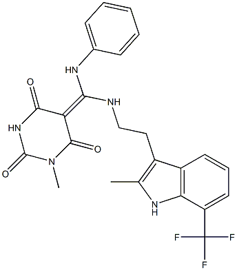 (Z)-1-METHYL-5-((2-(2-METHYL-7-(TRIFLUOROMETHYL)-1H-INDOL-3-YL)ETHYLAMINO)(PHENYLAMINO)METHYLENE)PYRIMIDINE-2,4,6(1H,3H,5H)-TRIONE Struktur