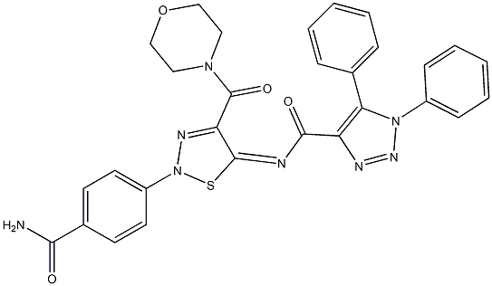 (Z)-N-(2-(4-CARBAMOYLPHENYL)-4-(MORPHOLINE-4-CARBONYL)-1,2,3-THIADIAZOL-5(2H)-YLIDENE)-1,5-DIPHENYL-1H-1,2,3-TRIAZOLE-4-CARBOXAMIDE Struktur