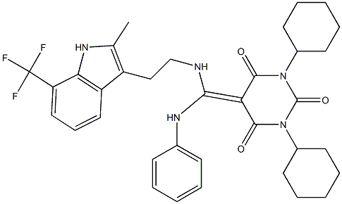 1,3-DICYCLOHEXYL-5-((2-(2-METHYL-7-(TRIFLUOROMETHYL)-1H-INDOL-3-YL)ETHYLAMINO)(PHENYLAMINO)METHYLENE)PYRIMIDINE-2,4,6(1H,3H,5H)-TRIONE Struktur