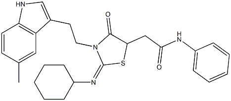 2-{2-(CYCLOHEXYLIMINO)-3-[2-(5-METHYL-1H-INDOL-3-YL)ETHYL]-4-OXO-1,3-THIAZOLIDIN-5-YL}-N-PHENYLACETAMIDE Struktur