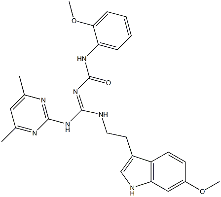 N-((E)-[(4,6-DIMETHYL-2-PYRIMIDINYL)AMINO]{[2-(6-METHOXY-1H-INDOL-3-YL)ETHYL]AMINO}METHYLIDENE)-N'-(2-METHOXYPHENYL)UREA Struktur