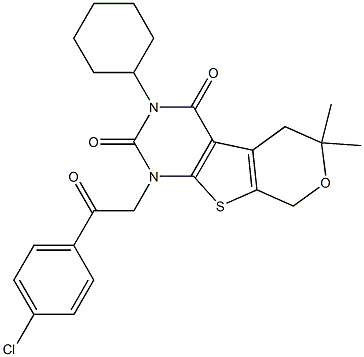 1-[2-(4-CHLOROPHENYL)-2-OXOETHYL]-3-CYCLOHEXYL-6,6-DIMETHYL-1,5,6,8-TETRAHYDRO-2H-PYRANO[4',3':4,5]THIENO[2,3-D]PYRIMIDINE-2,4(3H)-DIONE Struktur