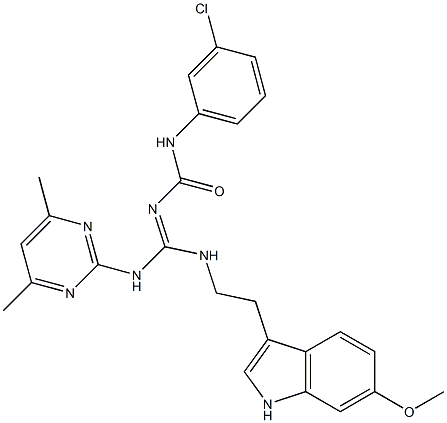 N-(3-CHLOROPHENYL)-N'-((E)-[(4,6-DIMETHYL-2-PYRIMIDINYL)AMINO]{[2-(6-METHOXY-1H-INDOL-3-YL)ETHYL]AMINO}METHYLIDENE)UREA Struktur