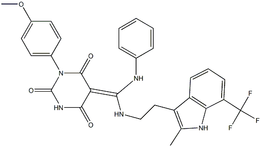 (Z)-1-(4-METHOXYPHENYL)-5-((2-(2-METHYL-7-(TRIFLUOROMETHYL)-1H-INDOL-3-YL)ETHYLAMINO)(PHENYLAMINO)METHYLENE)PYRIMIDINE-2,4,6(1H,3H,5H)-TRIONE Struktur