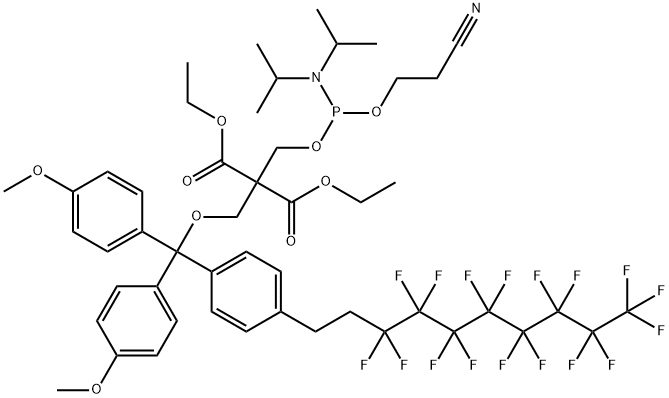 2,2'-BIS(ETHOXYCARBONYL)-1-O-[(DIISOPROPYLAMINO)(2-CYANOETHOXY)PHOSPHINO]-3-O-[4,4'-DIMETHOXY-4''-(1H,1H,2H,2H-PERFLUORODECYL)TRITYL]-1,3-PROPANEDIOL Struktur