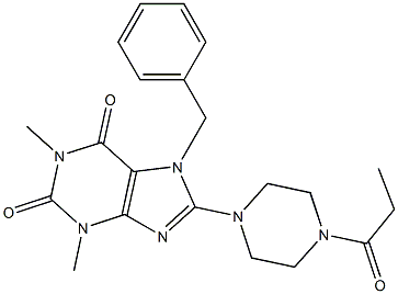 7-BENZYL-1,3-DIMETHYL-8-(4-PROPIONYLPIPERAZIN-1-YL)-3,7-DIHYDRO-1H-PURINE-2,6-DIONE Struktur