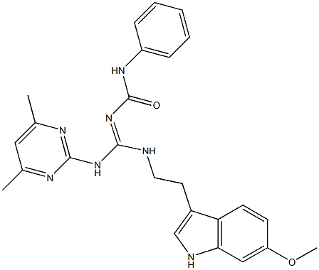 N-((E)-[(4,6-DIMETHYL-2-PYRIMIDINYL)AMINO]{[2-(6-METHOXY-1H-INDOL-3-YL)ETHYL]AMINO}METHYLIDENE)-N'-PHENYLUREA Struktur