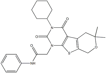 2-[3-CYCLOHEXYL-6,6-DIMETHYL-2,4-DIOXO-3,4,5,8-TETRAHYDRO-2H-PYRANO[4',3':4,5]THIENO[2,3-D]PYRIMIDIN-1(6H)-YL]-N-PHENYLACETAMIDE Struktur