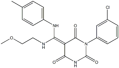 (Z)-5-((P-TOLUIDINO)(2-METHOXYETHYLAMINO)METHYLENE)-1-(3-CHLOROPHENYL)PYRIMIDINE-2,4,6(1H,3H,5H)-TRIONE Struktur