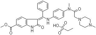 CAS 登錄號(hào)：656247-18-6, (3Z)-2,3-二氫-3-[[[4-[甲基[2-(4-甲基-1-哌嗪基)乙酰]氨基]苯基]氨基]苯亞甲基]-2-氧代-1H-吲哚-6-甲酸甲酯乙磺酸鹽