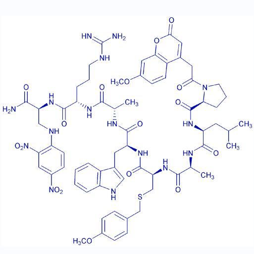 Mca-Pro-Leu-Ala-Cys(Mob)-Trp-Ala-Arg-Dap(Dnp)-NH2 1926163-82-7.png